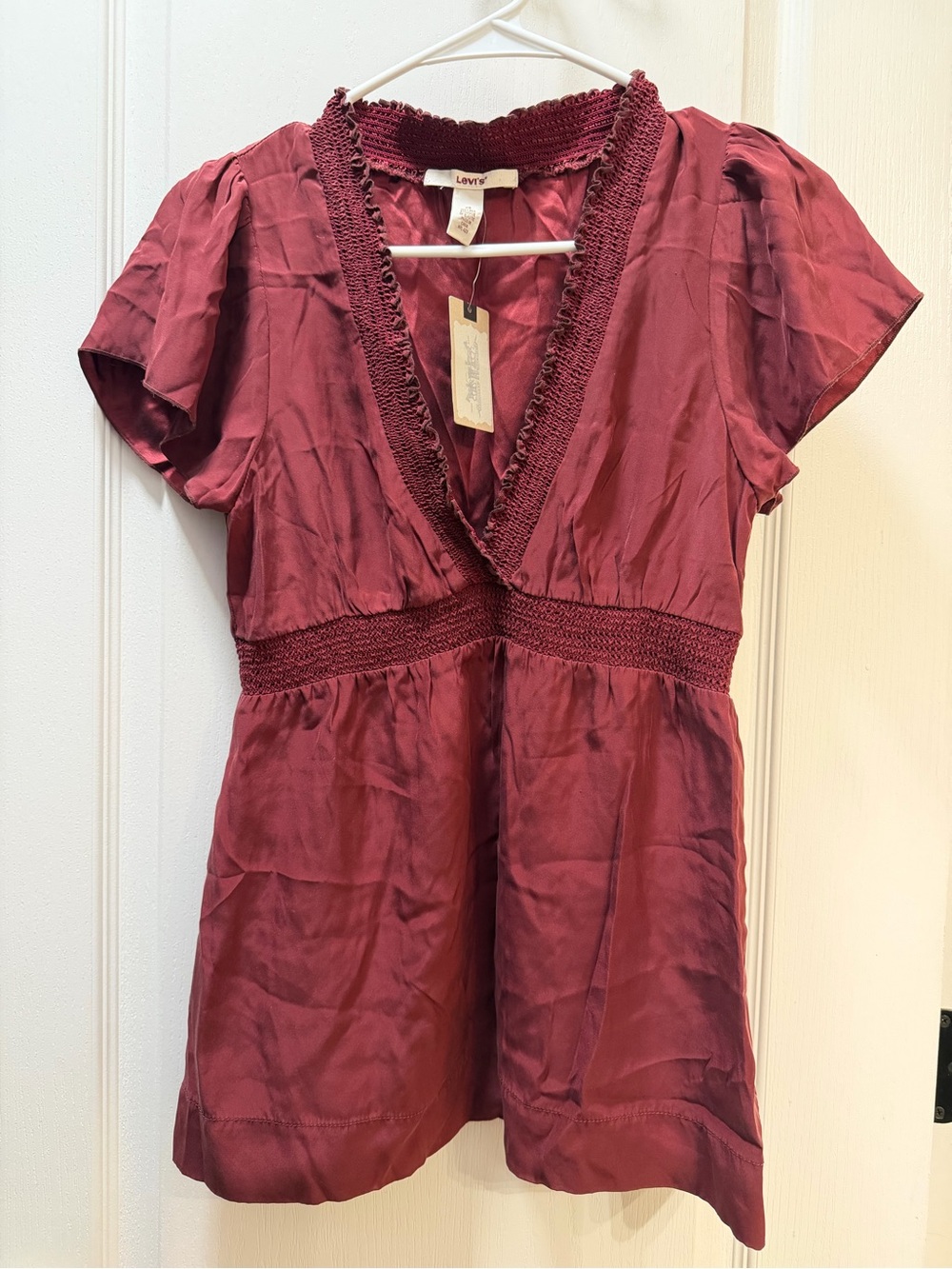 Levi's Wine Red V-Neck Smocked Waist Blouse